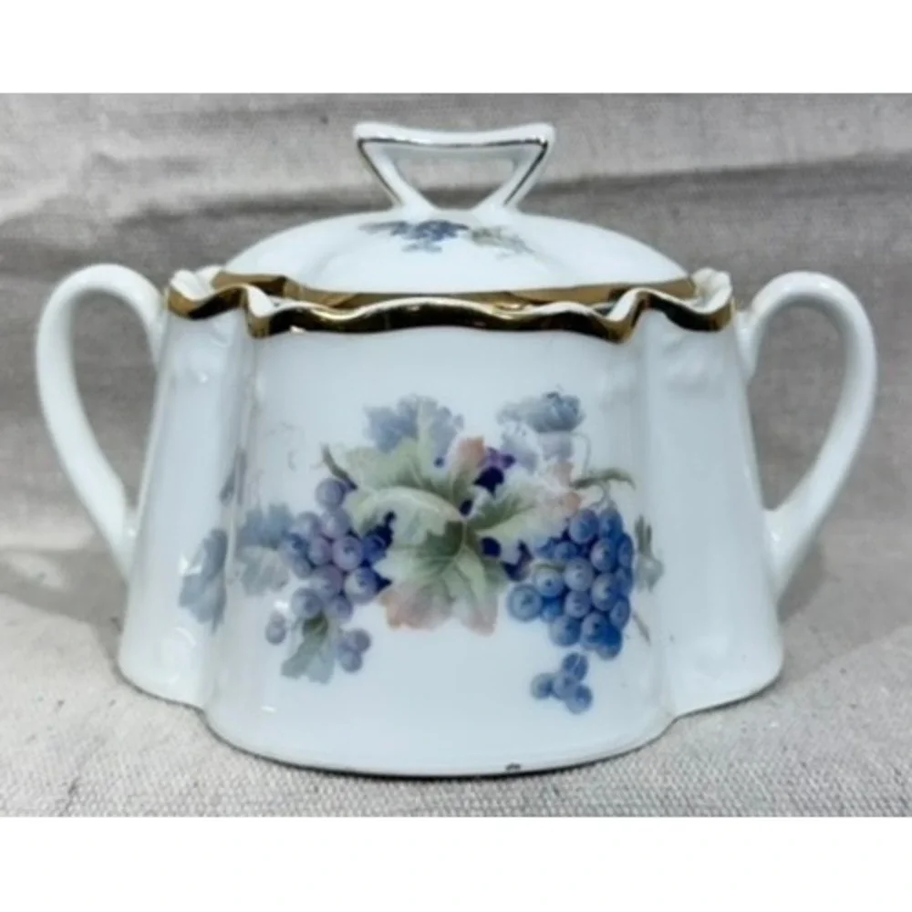 Antique ZS & Co Bavaria Porcelain Sugar Bowl and Creamer Set Gilt Grapes c. 1900